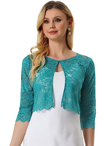 Allegra K Damen Bolero Festlich 3/4 Ärmel Durchsichtig Blumen Spitze Shrug Crop Cardigan Spitzebolero Grüns L von Allegra K