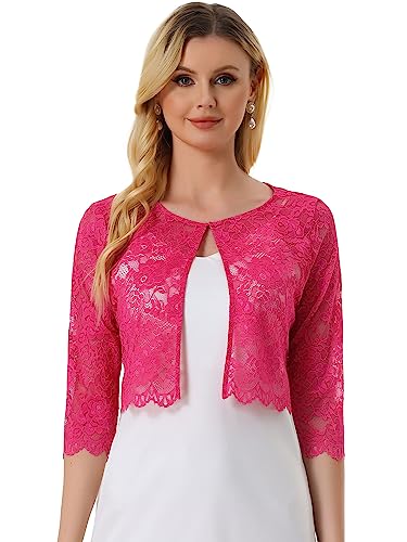 Allegra K Damen Bolero Festlich 3/4 Ärmel Durchsichtig Blumen Spitze Shrug Crop Cardigan Spitzebolero Rosenrot L von Allegra K