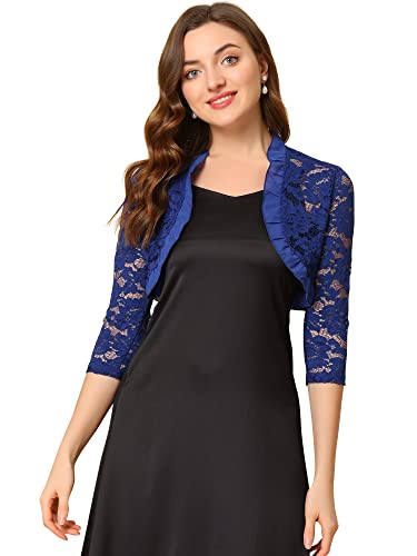 Allegra K Damen Spitzebolero 3/4-Ärmel Durchsichting Blumen Rüschen Elegant Floral Spitze Crop Bolero Dunkelblau L von Allegra K