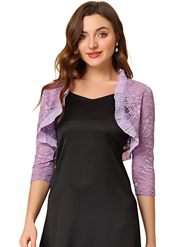 Allegra K Damen Spitzebolero 3/4-Ärmel Durchsichting Blumen Rüschen Elegant Floral Spitze Crop Bolero Lila L von Allegra K