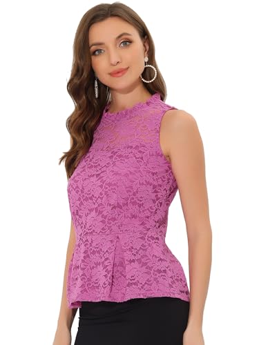 Allegra K Damen Spitzen Bluse Ärmellos Rüschen Blumen Durchsichtig Peplum Top Helles Lila XS von Allegra K