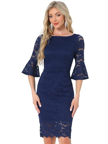 Allegra K Damen Spitzen-Etuikleid, U-Boot-Ausschnitt, Glockenärmel, Vintage-Cocktailkleid Dunkelblau S von Allegra K
