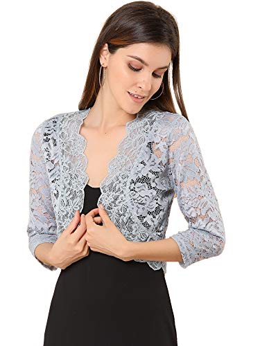 Allegra K Damen Spitzen Festlich Bolero 3/4 Ärmel Hochzeit Strickjacke Vorne Offen Crop Cardigan Shrug Grau 3XL von Allegra K