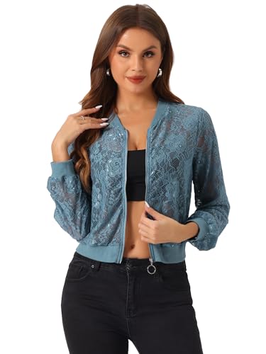 Allegra K Damen Spitzen Jacken Durchsichtige Mesh Netzstoff Reißverschluss Blumenmuster Bomberjacke Blau Grau S von Allegra K