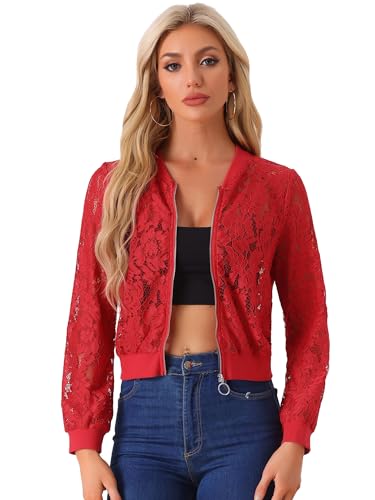Allegra K Damen Spitzen Jacken Durchsichtige Mesh Netzstoff Reißverschluss Blumenmuster Bomberjacke Rot M von Allegra K