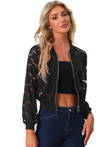 Allegra K Damen Spitzen Jacken Durchsichtige Mesh Netzstoff Reißverschluss Blumenmuster Bomberjacke Schwarz L von Allegra K