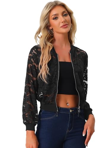 Allegra K Damen Spitzen Jacken Durchsichtige Mesh Netzstoff Reißverschluss Blumenmuster Bomberjacke Schwarz M von Allegra K