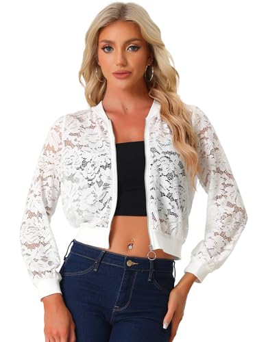 Allegra K Damen Spitzen Jacken Durchsichtige Mesh Netzstoff Reißverschluss Blumenmuster Bomberjacke Weiß XS von Allegra K