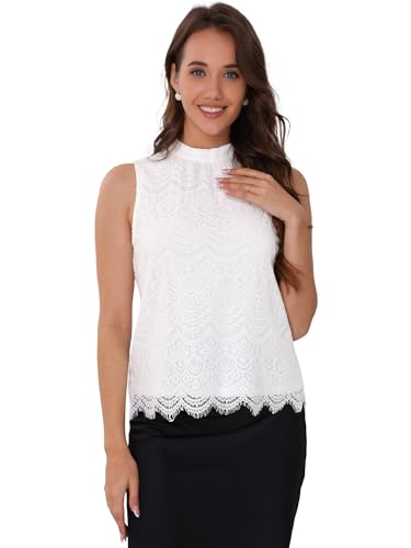 Allegra K Damen Spitzen Oberteile Ärmellos Rollkragen Elegante Freizeit Bluse Weiß S von Allegra K