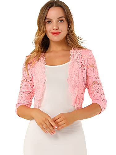 Allegra K Damen Spitzen Festlich Bolero 3/4 Ärmel Hochzeit Strickjacke Vorne Offen Crop Cardigan Shrug Rosas L von Allegra K