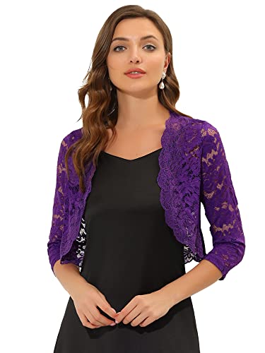 Allegra K Damen Spitzen Shrug Vorne Offen Hochzeit Bolero Strickjacke Festlich 3/4 Ärmel Crop Cardigan Violett M von Allegra K