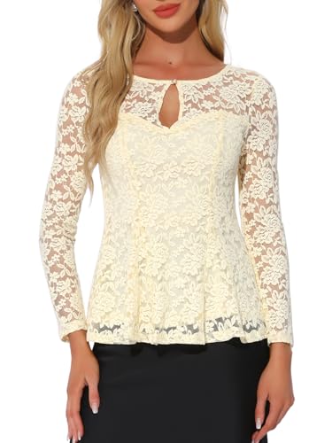 Allegra K Elegantes Damen-Oberteil, formell, Hochzeitsgäste, langärmelig, Spitze, Schößchen, Beige, X-Groß von Allegra K