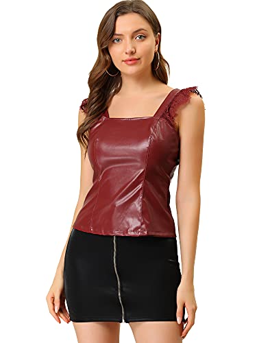 Allegra K Damen Spitzenbesatz Party Kunstleder PU Tank Top Weinrot L von Allegra K