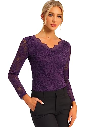 Allegra K Damen Langarm Durchsichtig Spitze Dirndl Trachtenbluse Oberteil Rüschenkragen Mesh Blumen Lace Top Bluse Dunkel Lila XL von Allegra K