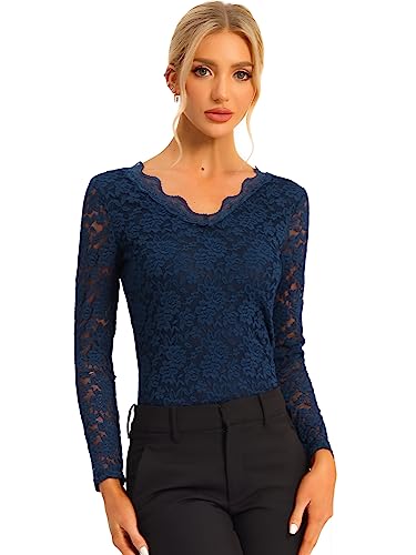 Allegra K Damen Langarm Durchsichtig Spitze Dirndl Trachtenbluse Oberteil Rüschenkragen Mesh Blumen Lace Top Bluse Dunkelblau XL von Allegra K