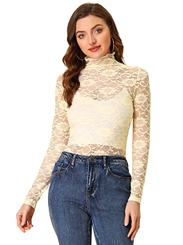 Allegra K Damen Langarm Durchsichtig Spitze Oberteil Stehkragen Mesh Blumen Lace Hochgeschlossene Top Bluse Beige S von Allegra K