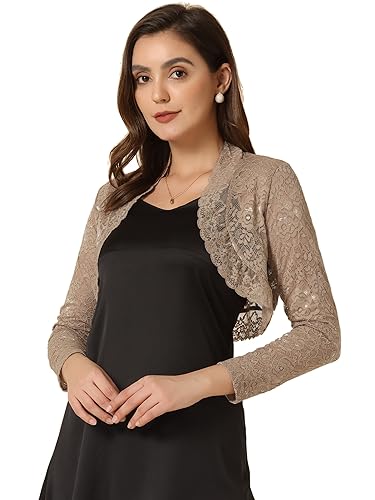 Allegra K Damen Spitzenbolero Langarm Bolero Durchsichtig Rüschen Besatz Crop Blumen Shrug Kamel M von Allegra K