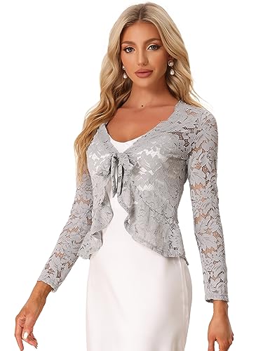 Allegra K Damen Spitzenbolero Langarm Bolero Durchsichtig Rüschensaum Crop Blumen Shrug Hell Grau L von Allegra K