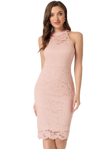 Allegra K Damen Spitzenkleid Ärmellos Figurbetontes Elegantes Etuikleid Neckholder Kleid Rosa M von Allegra K