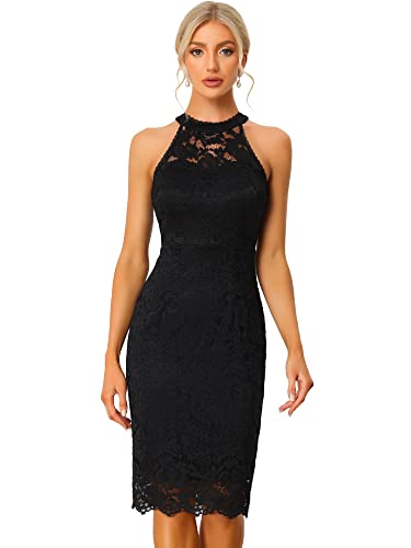 Allegra K Damen Spitzenkleid Ärmellos Figurbetontes Elegantes Etuikleid Neckholder Kleid Schwarz XS von Allegra K