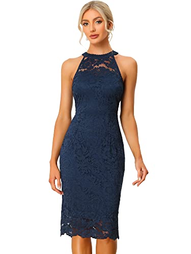 Allegra K Damen Spitzenkleid Ärmellos Figurbetontes Elegantes Etuikleid Neckholder Kleid Dunkelblau XS von Allegra K