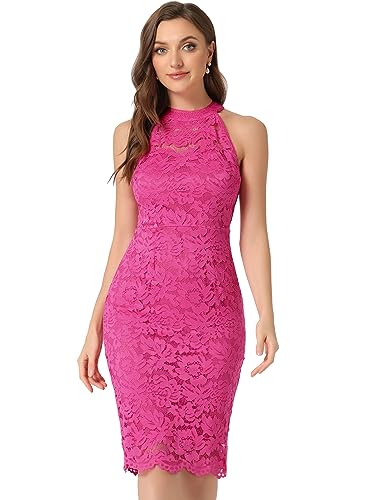 Allegra K Damen Spitzenkleid Ärmellos Figurbetontes Elegantes Etuikleid Neckholder Kleid Rosa Rot XS von Allegra K