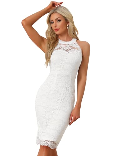 Allegra K Damen Spitzenkleid Ärmellos Figurbetontes Elegantes Etuikleid Neckholder Kleid Weiß M von Allegra K