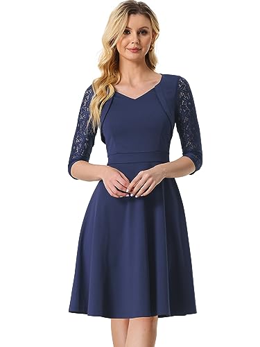 Allegra K Damen Spitzenkleid Kontrast 3/4-Ärmel Hohe Taille Büro A-Linien Kleid Dunkelblau XS von Allegra K