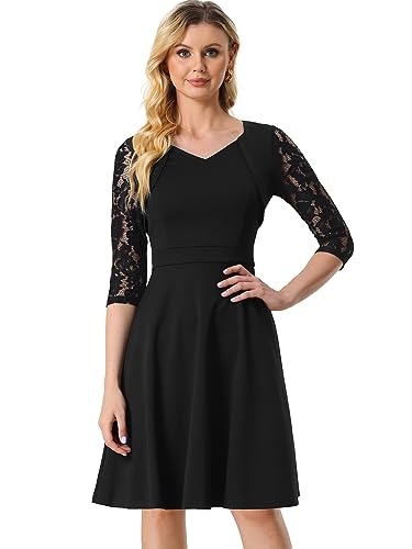 Allegra K Damen Spitzenkleid Kontrast 3/4-Ärmel Hohe Taille Büro A-Linien Kleid Schwarz S von Allegra K