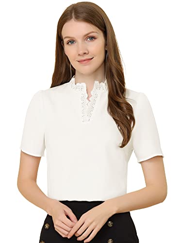 Allegra K Damen Elegant Bluse Kurzarm Spitze V-Ausschnitt Puff Oberteile Blusen Weiß S von Allegra K