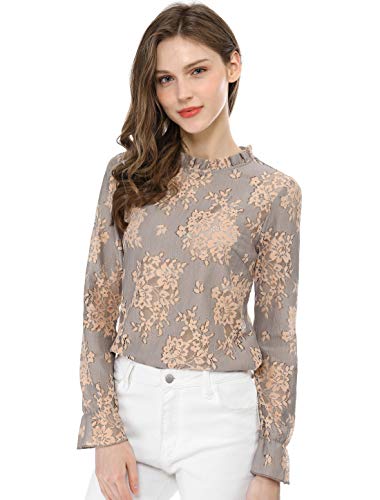 Allegra K Damen Spitzeoberteil Trompetenärmel Rüschenhals Blumen Spitze Bluse Strick Shirt Lila XS von Allegra K