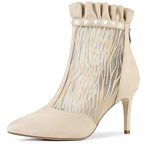 Allegra K Damen Spitzschuh Reißverschluss Mesh Stiletto High Heels Rüschen Stiefeletten Beige 40 von Allegra K