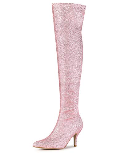 Allegra K Overknee-Stiefel mit Glitzer für Damen mit spitzer Zehenpartie und Stiletto-Absatz Rosa 37.5 von Allegra K