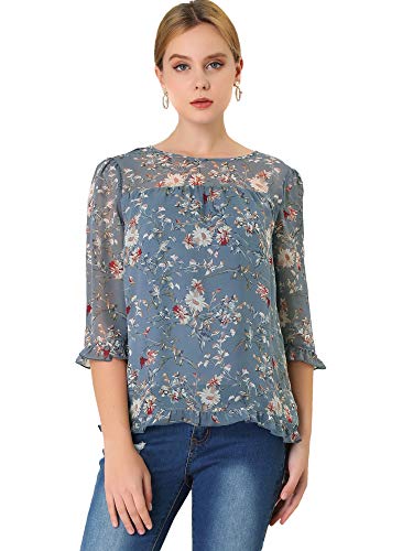 Allegra K Damen St. Patrick's Day Floral Top Casual Rüschen 3/4 Ärmel Chiffon Bluse, grau/blau, 46 von Allegra K