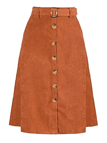 Allegra K Damen High Waist Midi Röcke A-Linie Knopfleiste Vorne Gürtel Cord Rock, caramel, 38 von Allegra K