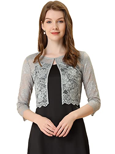 Allegra K Damen Brautjacke Bolero Festlich Kurz 3/4 Ärmel Durchsichtig Blumen Spitze Shrug Crop Cardigan Spitzebolero Grau M von Allegra K