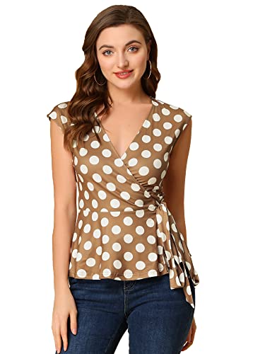 Allegra K Damen St. Patrick's Day Sommer Ärmellos Elegant V-Ausschnitt Selbstbinden Front Polka Dots Wrap Top, Khaki, Klein von Allegra K