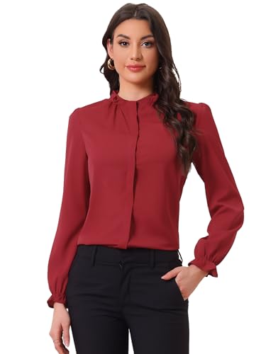 Allegra K Damen Stehkragen Bluse Langarm Chiffon Oberteil Burgunderrot S von Allegra K