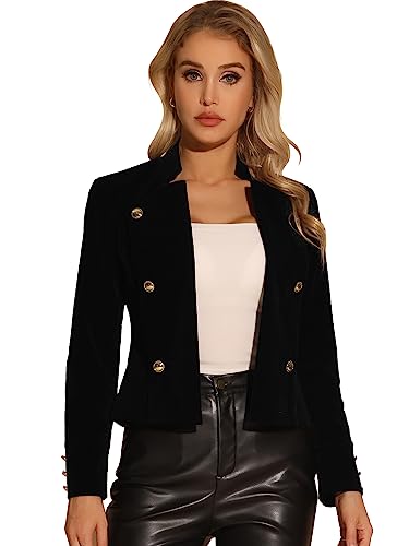 Allegra K Damen Stehkragen Jacke Samt Vintage Zweireihiges Knopfdekor Offen Vorderseite Jacke Schwarz M von Allegra K