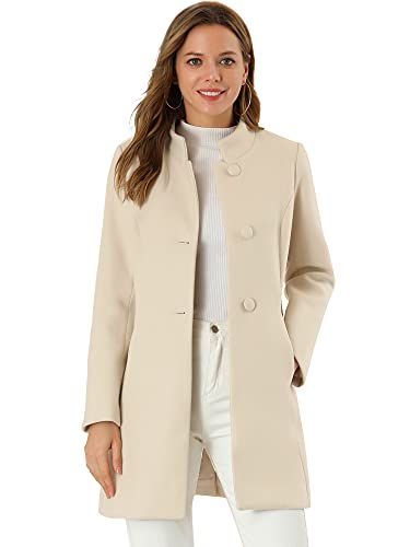 Allegra K Damen Stehkragen Mantel Elegant Mitte Oberschenkel Einreihig Lang Wintermantel, beige, 46 von Allegra K