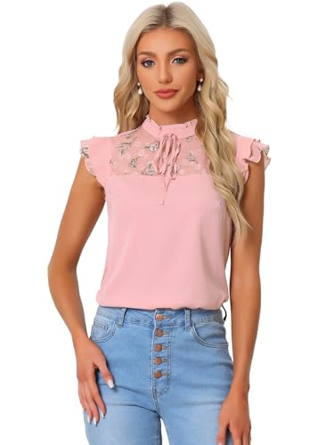 Allegra K Damen Stehkragen Oberteil Kurzarm Blumen Rüschen Schleife Top Bluse Rosa XS von Allegra K