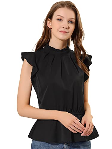 Allegra K Damen Stehkragen Rüschen Plissee Peplum Kurzarm Top Bluse Schwarz S von Allegra K