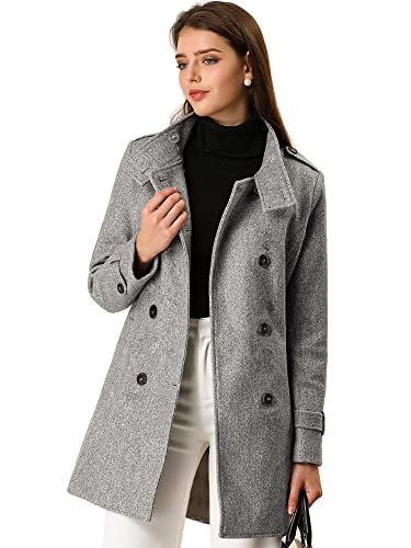 Allegra K Damen Stehkragen Zweireihige Taschen Trendy Outwear Wintermantel mit Gürtel - Grau - Large von Allegra K
