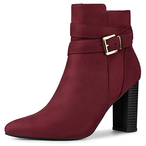 Allegra K Damen Stiefel mit klobigem Absatz Spitzschuh Schnallendekor Ankle Booties Burgund 38.5 von Allegra K