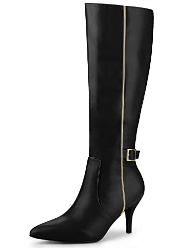 Allegra K Damen Stiefel mit spitzem Zehenbereich, Schnalle, Dekor, seitlicher Reißverschluss, Stiletto-Absatz, kniehohe Stiefel, schwarz, 42 EU von Allegra K