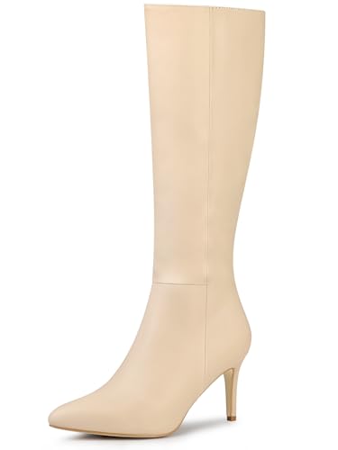 Allegra K Damen Stiefel mit spitzem Zehenbereich, seitlichem Reißverschluss, Stiletto-Absatz, kniehohe Stiefel, nude, 38.5 EU von Allegra K