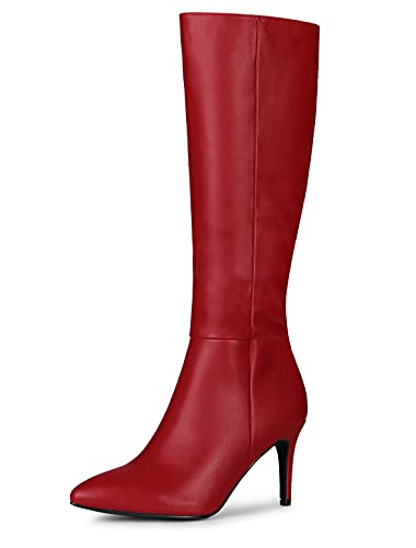 Allegra K Damen Stiefel mit spitzem Zehenbereich, seitlichem Reißverschluss, Stiletto-Absatz, kniehohe Stiefel, rot, 37.5 EU von Allegra K