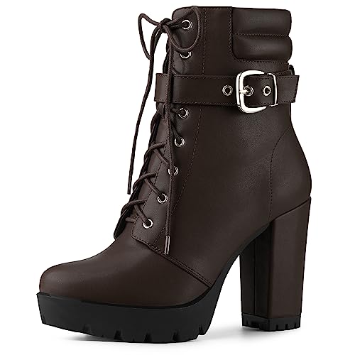 Allegra K Damen-Stiefelette mit Plateauschnalle, Schnürung, Blockabsatz, coffee, 37 EU von Allegra K