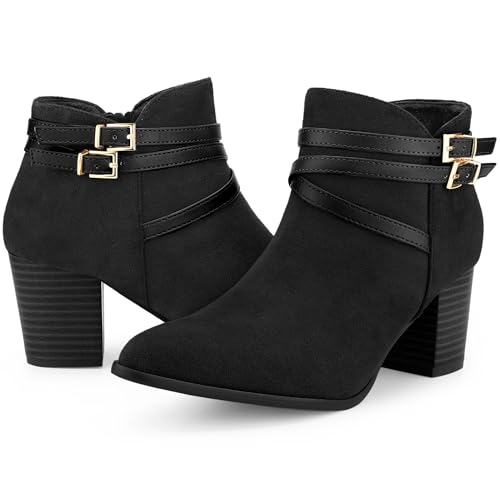 Allegra K Damen-Stiefeletten, runde Zehenschnalle, dekorativ, Kreuzriemen, Blockabsatz, Stiefeletten, Schwarz, 37.5 EU von Allegra K