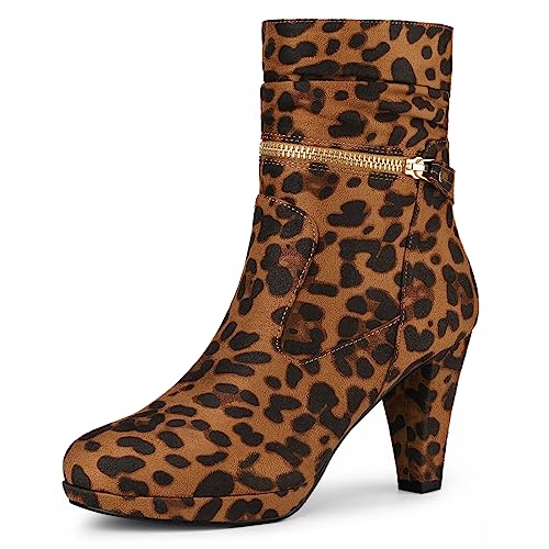 Allegra K Damen Stiefeletten mit Reißverschluss und Plateau-Absatz, mittlere Waden-Stiefel, Leopard, 38.5 EU von Allegra K